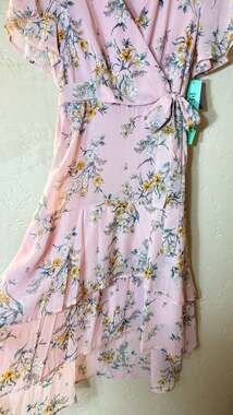 TACERA Pink Floral Print Ruffled Wrap High-Low Midi Dress
